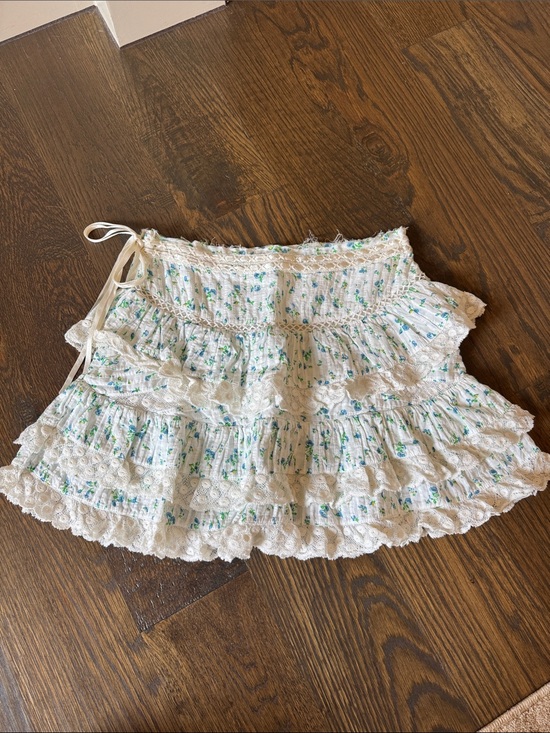 LoveShackFancy Dresses & Skirts - LoveShackFancy White Mini Skirt with Green Floral Print